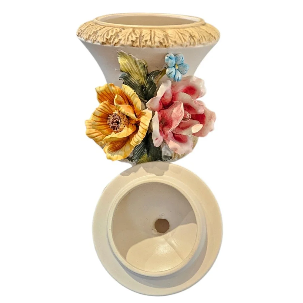 Vtg Capodimonte Italy Lidded Urn 3D Floral Porcelain Pedestal Vase Cream‎ Gold